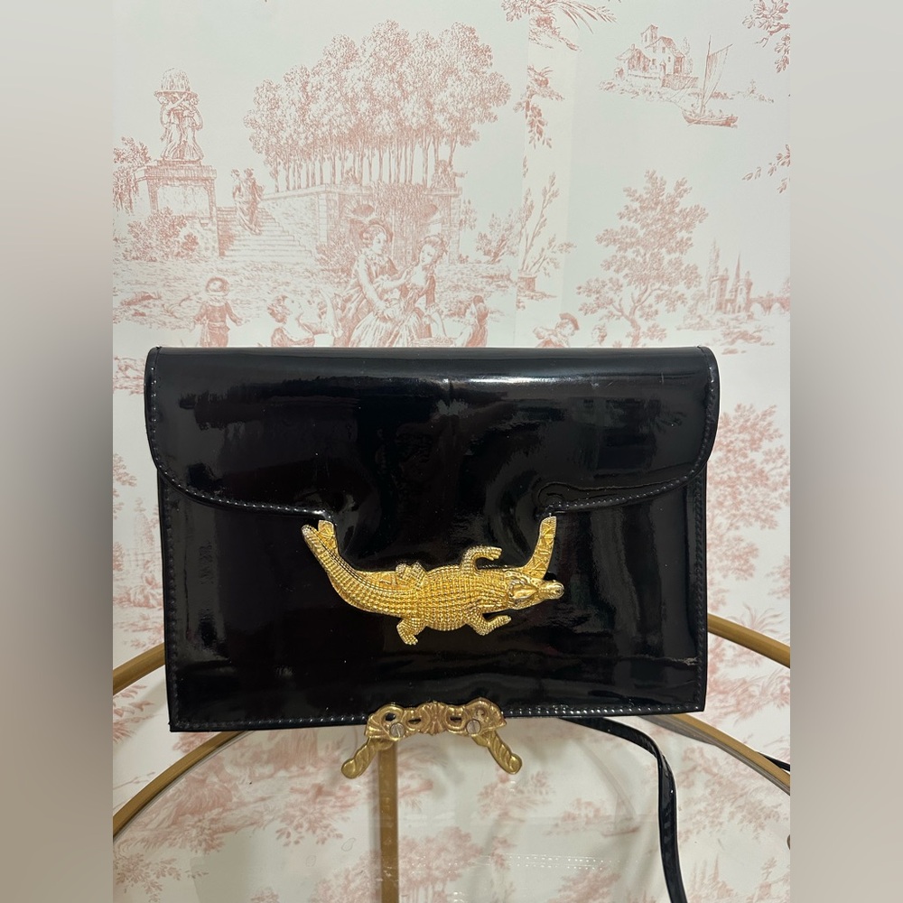 Rare 80’s Vintage Gold Crocodile Black Patent Leather  Crossbody